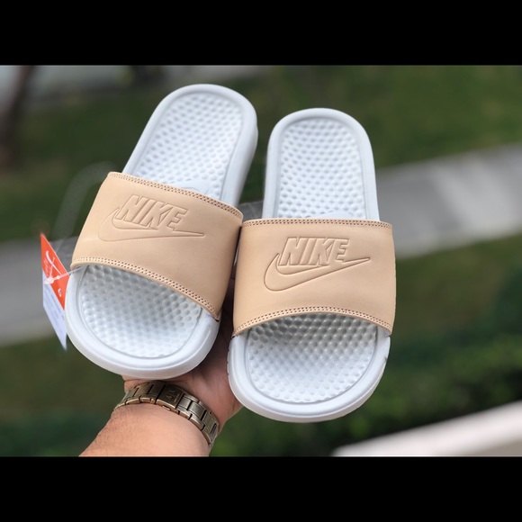 tan nike slides
